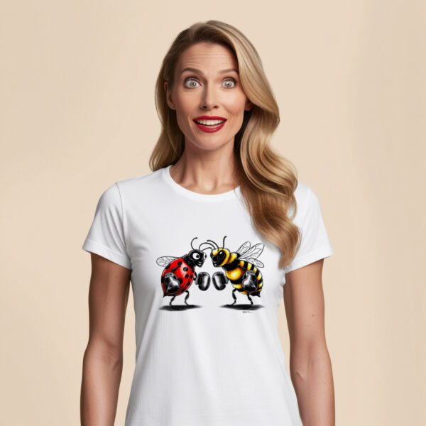 Small size Gloves and Giggles t-shirt featuring love bug and beetle boxing graphic