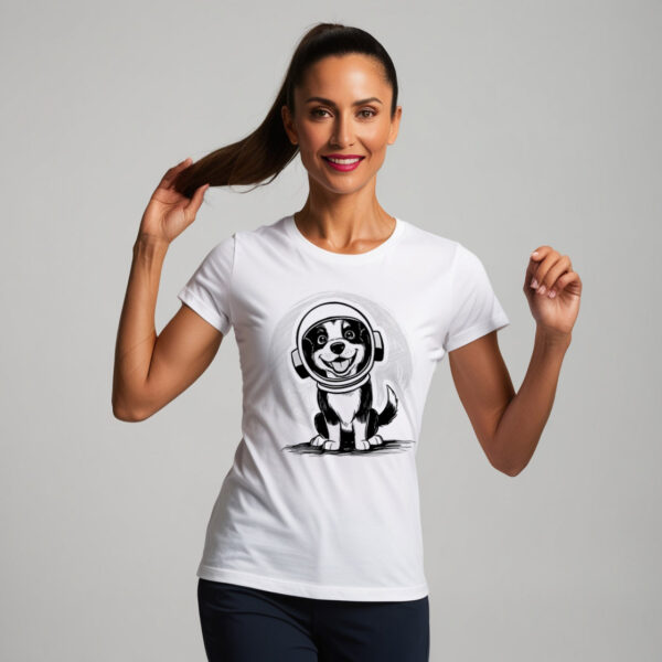 Space Explorer Pup Playful Crew Neck T-shirt with an Astronaut Dog