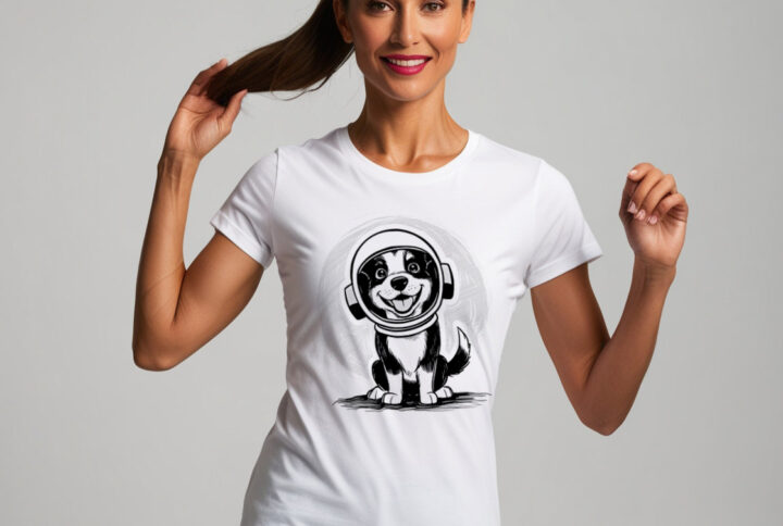 Space Explorer Pup Playful Crew Neck T-shirt with an Astronaut Dog