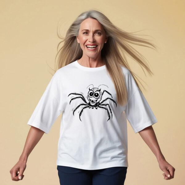 Web of Laughter White Crew Neck T-shirt featuring an adorably funny spider