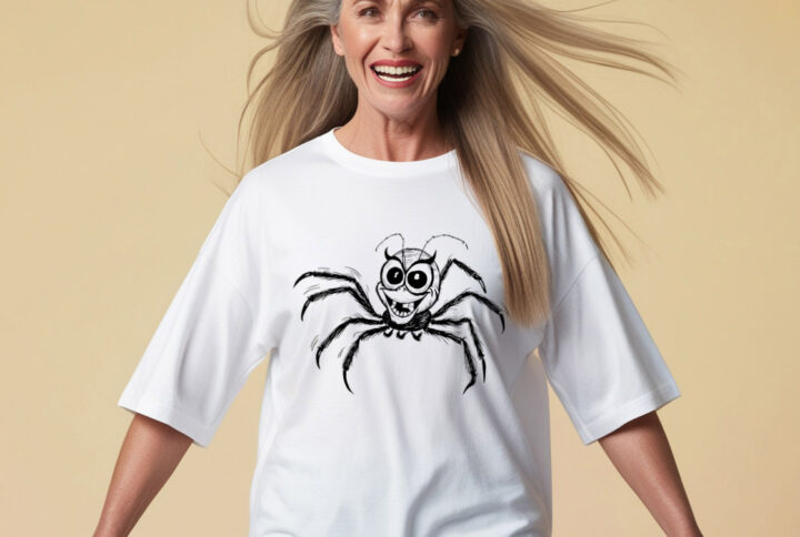 Web of Laughter White Crew Neck T-shirt featuring an adorably funny spider