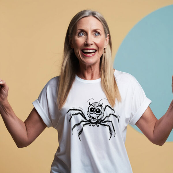 Web of Laughter White Crew Neck T-shirt in small size featuring an adorably funny spider