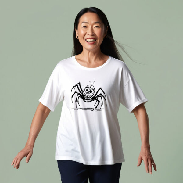 Giggle-worthy spider design on a white crew neck t-shirt