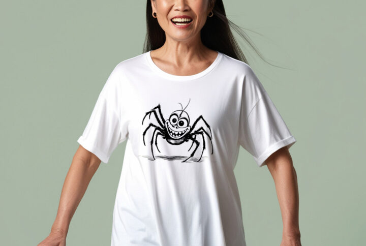 Giggle-worthy spider design on a white crew neck t-shirt