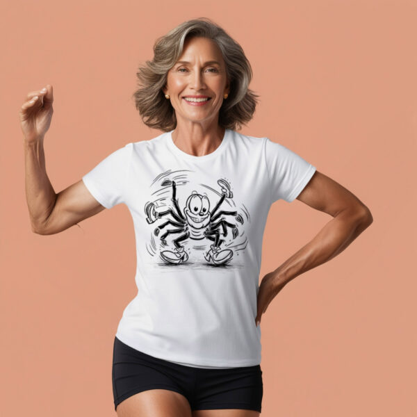 Comical spider design on a classic white crew neck t-shirt