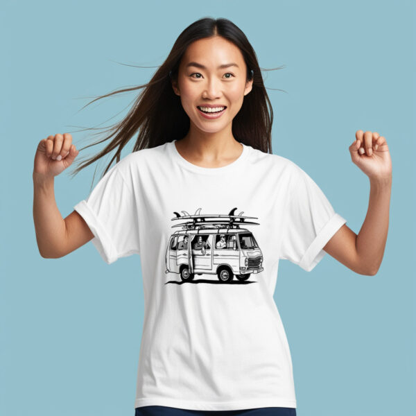 Beach Breeze white crew neck t-shirt with surf van and boards design