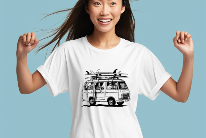 Beach Breeze white crew neck t-shirt with surf van and boards design