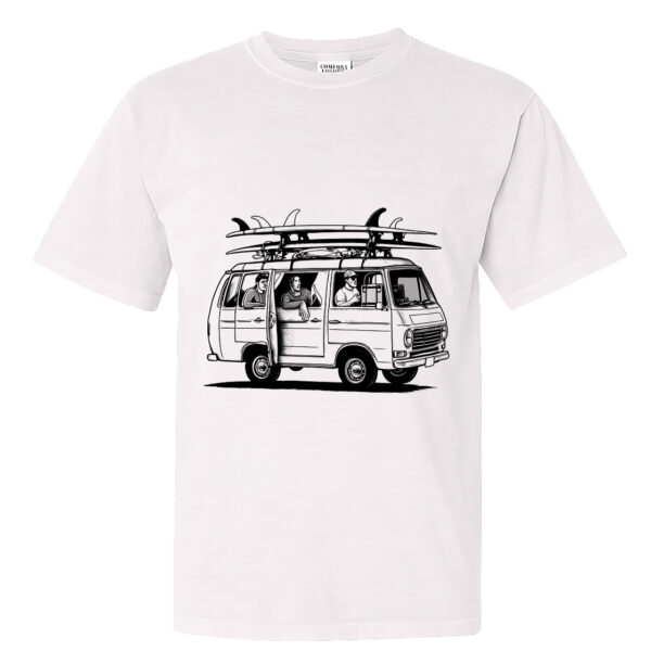 Small Beach Breeze white crew neck t-shirt with surf van and boards design