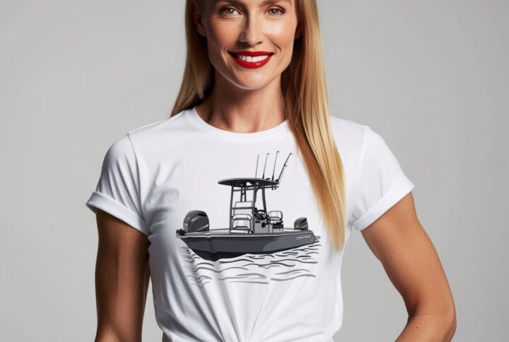 Unique fishing boat graphic on Catch of the Day T-shirt