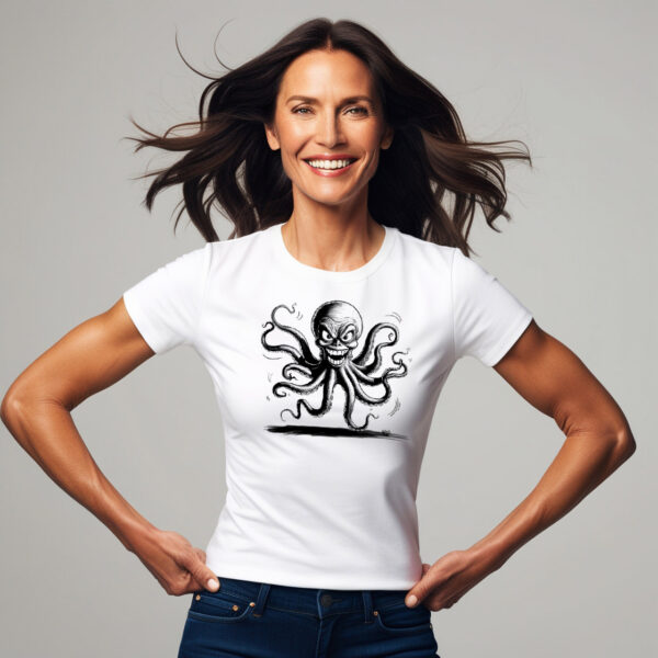 Scary Octopus White Crew Neck T-shirt with a Charming Design