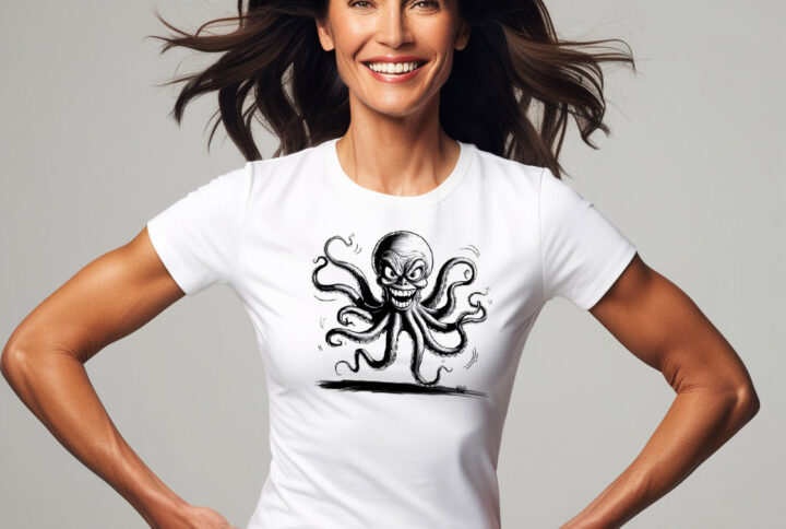 Scary Octopus White Crew Neck T-shirt with a Charming Design