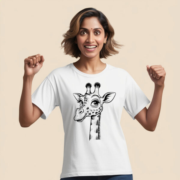 Artistic giraffe design on a classic white crew neck t-shirt