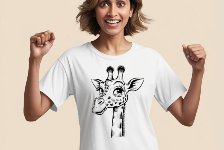 Artistic giraffe design on a classic white crew neck t-shirt