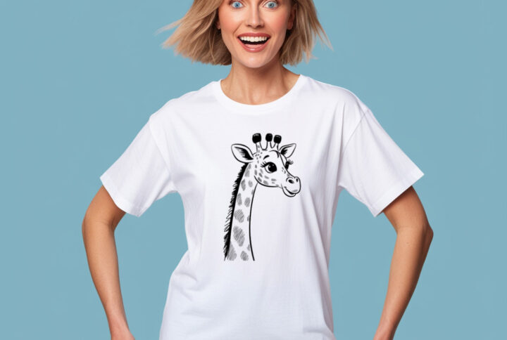 Spotlight on Giraffe White Cotton Crew Neck T-shirt with a Striking Giraffe Print
