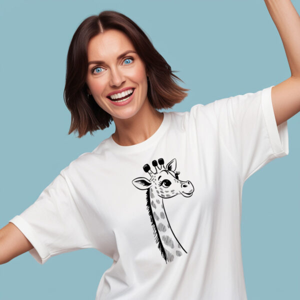 Spotlight on Giraffe White Cotton Crew Neck T-shirt with a Striking Giraffe Print (Small)