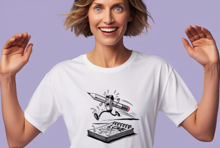 Creative Genius White Crew Neck T-shirt with Giant Pen and Notepad Design