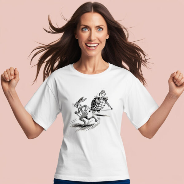 Classic Race Duo Turtle and Rabbit Design on a Casual Crew Neck T-shirt