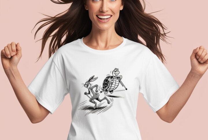 Classic Race Duo Turtle and Rabbit Design on a Casual Crew Neck T-shirt