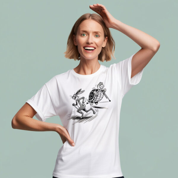 Classic Race Duo Turtle and Rabbit Design on a Casual Crew Neck T-shirt in Small Size