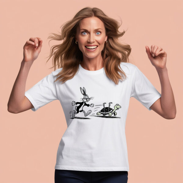 Race to the Finish Turtle and Rabbit Print on a Classic Crew Neck T-shirt