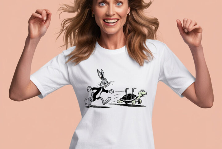 Race to the Finish Turtle and Rabbit Print on a Classic Crew Neck T-shirt