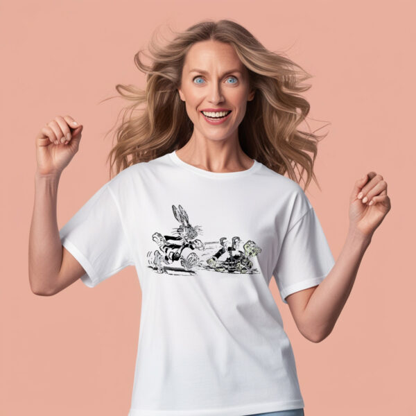 Race to the Finish Turtle and Rabbit Print on a Classic Crew Neck T-shirt (Small)