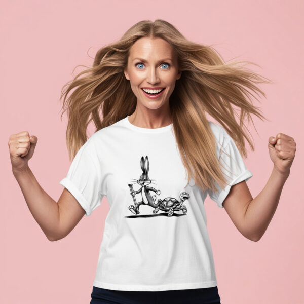 Slow Fast Friends Turtle and Rabbit Graphic on a Stylish T-shirt (Small)