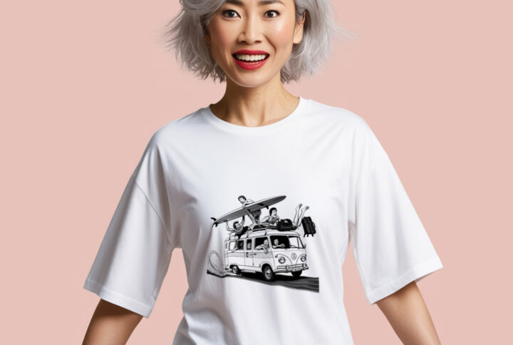 Hit the Waves T-shirt with surfing minivan illustration