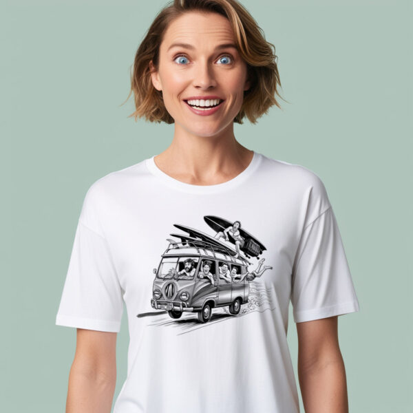 Beach Ready white crew neck t-shirt with classic surf van design