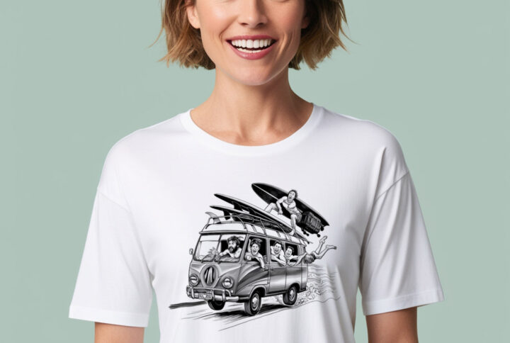 Beach Ready white crew neck t-shirt with classic surf van design