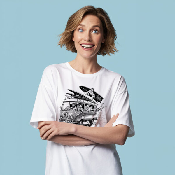 Small Beach Ready white crew neck t-shirt with classic surf van design