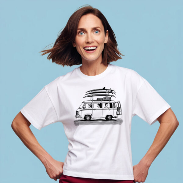 Summer Surf Dreams White Crew Neck T-shirt with Retro Van Artwork