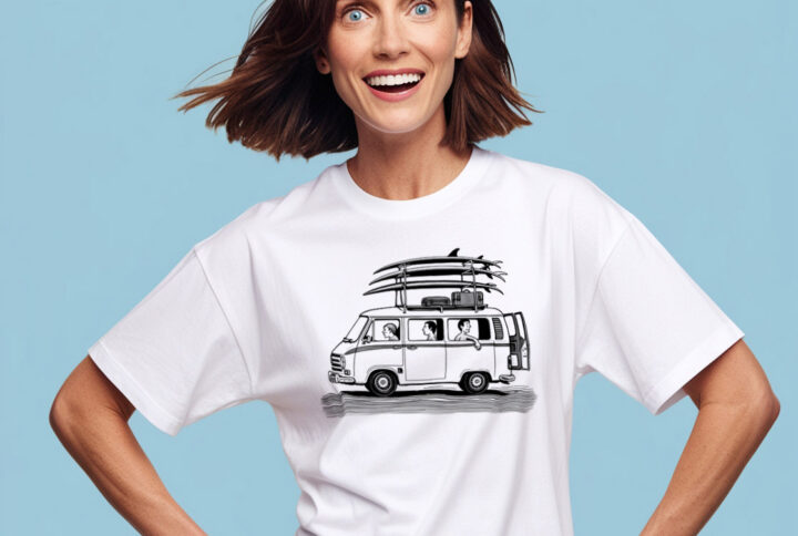 Summer Surf Dreams White Crew Neck T-shirt with Retro Van Artwork