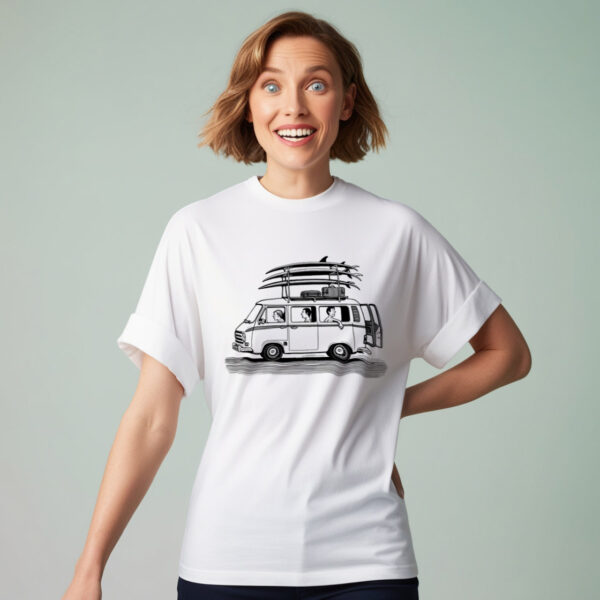 Summer Surf Dreams White Crew Neck T-shirt with Retro Van Artwork (Small)