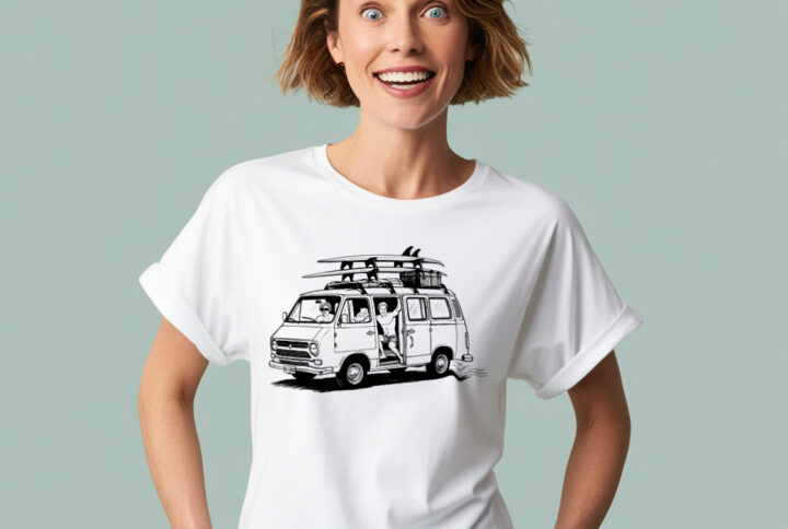 Vintage Surf Style White Cotton Crew Neck T-Shirt with Surfboards