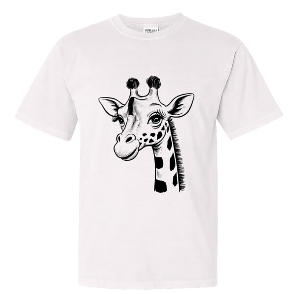 Elegant giraffe design on a white crew neck t-shirt, perfect for animal lovers