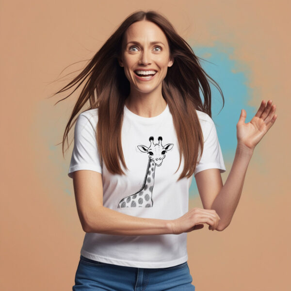 Safari Chic White Crew Neck T-shirt Featuring a Graceful Giraffe Illustration (Small)