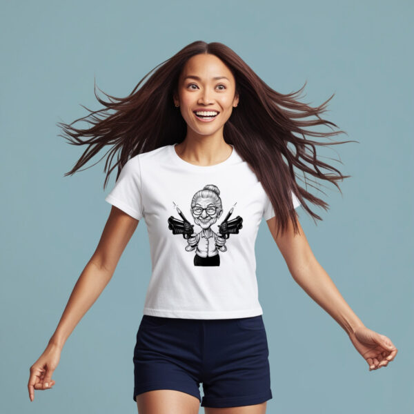 Mysterious Matriarch White Crew Neck T-shirt Showcasing a Creepy Old Woman with Guns