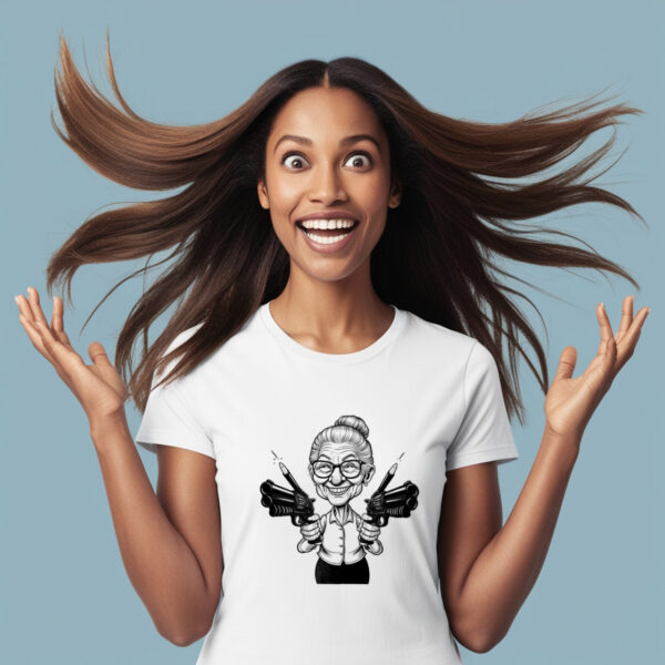 Mysterious Matriarch White Crew Neck T-shirt Showcasing a Creepy Old Woman with Guns (Small)