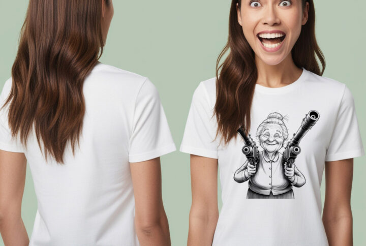 Sinister Guardian Creepy Old Woman With Dual Guns Crew Neck T-shirt