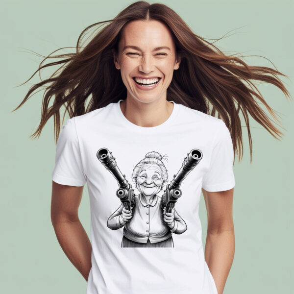 Sinister Guardian Creepy Old Woman With Dual Guns Crew Neck T-shirt (Small)