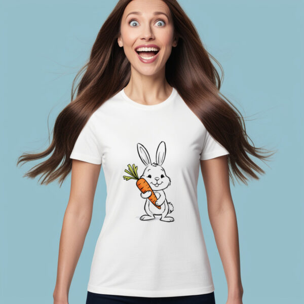 Front view Extra Small Size of Bunny Carrot Delight T-shirt with adorable bunny and carrot on classic crew neck