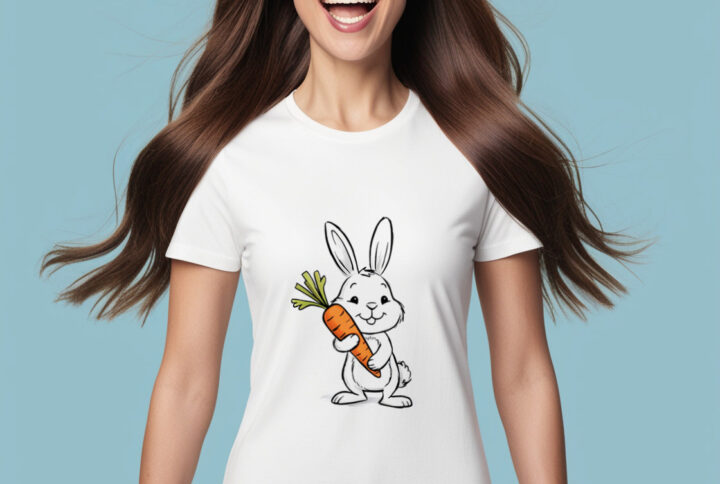 Front view Extra Small Size of Bunny Carrot Delight T-shirt with adorable bunny and carrot on classic crew neck