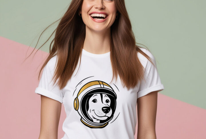 Cosmic Canine Dog in Space Helmet on a Cool Crew Neck T-shirt