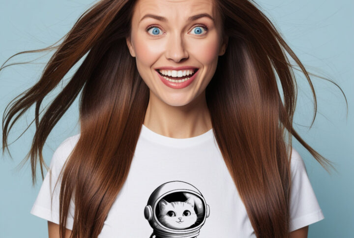 Cat floating in space graphic on fun crew neck t-shirt
