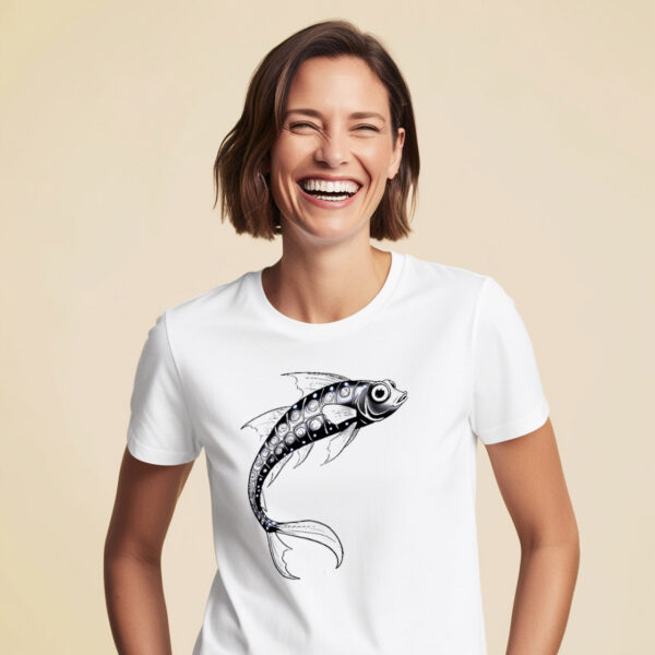 Cheerful Fishy White Crew Neck T-shirt in Small Size with Playful Fish Design