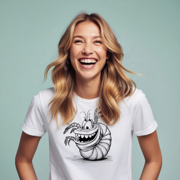 Chillingly Cute Scary Shrimp Design on White Crew Neck T-shirt in Small Size