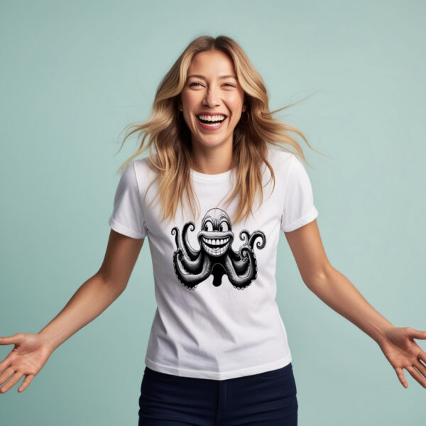 Playful Octopus White Crew Neck T-shirt with a Cute Design