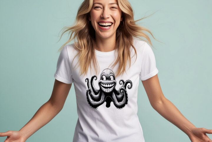 Playful Octopus White Crew Neck T-shirt with a Cute Design