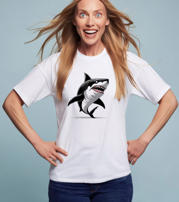 Shark Nightmare White Cotton Crew Neck T-shirt Featuring a Frightening Shark (Small)